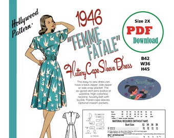 sz  B42 PDF Download 1946 Flutter Cape Sleeve Dress Beginner Sewing Pattern B42 W36 H45