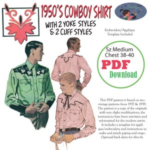 1950&#39;s szMEDIUM Cowboy Western Shirt Sewing Pattern PDF Instant Download 38-40