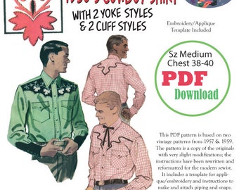 1950's szMEDIUM Cowboy Western Shirt Sewing Pattern PDF Instant Download 38-40