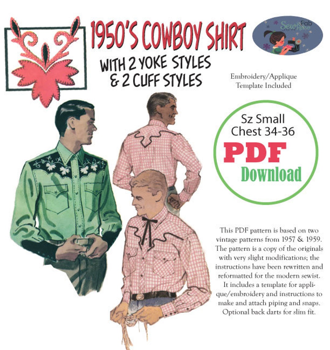 1950's Szsmall Cowboy Western Shirt Sewing Pattern PDF Instant Download ...