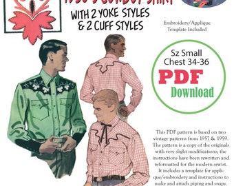 May include: A digital PDF pattern for a 1950's cowboy shirt with two yoke styles and two cuff styles. The pattern includes embroidery and applique templates. The pattern is for a size small, chest 34-36 inches.