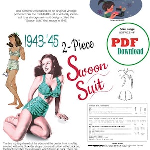 Könnte beinhalten: Ein Vintage-Schnittmuster für einen zweiteiligen Badeanzug aus den 1940er Jahren mit einem kurzen Halfter-Oberteil und einem hoch sitzenden Unterteil. Das Schnittmuster heißt "Swoon Suit" und ist als PDF-Download erhältlich. Das Schnittmuster ist für eine Größe L mit den Maßen 96,5 cm Brustumfang, 81,3 cm Taillenumfang und 104,1 cm Hüftumfang.