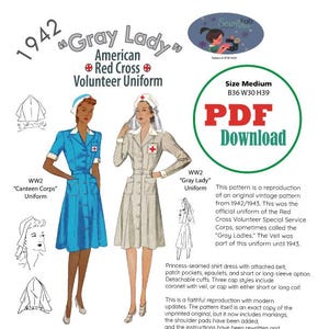 May include: A vintage sewing pattern for a 1942 "Gray Lady" American Red Cross Volunteer Uniform. The pattern includes instructions for a princess-seamed shirt dress with attached belt, patch pockets, epaulets, and short or long sleeves. The pattern is a reproduction of an original vintage pattern from 1942/1943.