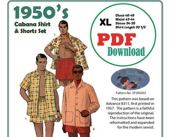 PDF Download 1950's szXL Cabana Shirt and Shorts Set Sewing Pattern 46-48