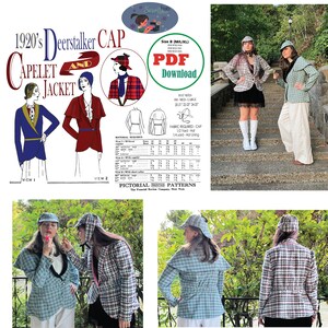 May include: A vintage sewing pattern for a 1920s Deerstalker cap and capelet jacket. The pattern includes illustrations and fabric requirements. The image also shows people wearing the finished cap and jacket in a plaid pattern.