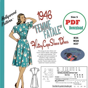 Storlek Liten PDF-nedladdning B34 1946 Flutter Cape Sleeve Dress Nybörjarmönster B34 W28 H37