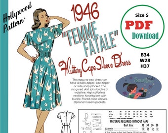 PDF Download B34 1946 Flutter Cape Sleeve Dress Beginner Sewing Pattern US Sz Small B34 W28 H37