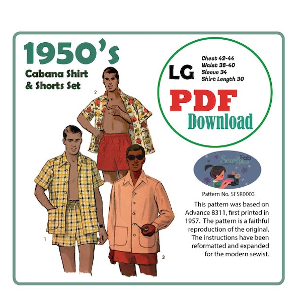 PDF Download 1950's szL Cabana Shirt and Shorts Set Sewing Pattern 42-44