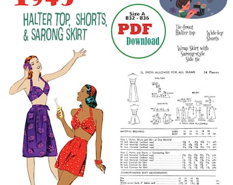 PDF Sewing Pattern 1945 Halter, Shorts & Sarong Skirt Sm/Med Size A B32 B34 B36