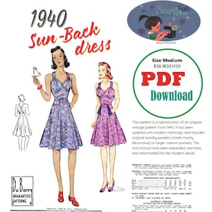 May include: A vintage sewing pattern for a 1940s sun-back dress. The pattern includes illustrations of the dress in blue and pink, with the text "1940 Sun-Back dress" at the top. The pattern is a PDF download.