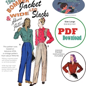May include: A vintage sewing pattern for a 1945 bomber jacket and wide-leg slacks. The pattern is for a size large, with measurements of B38, W32, and H41. The pattern is a PDF download and includes zipper front instructions.