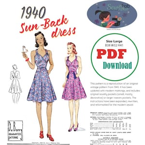 May include: A vintage sewing pattern for a 1940 Sun-Back dress. The pattern includes illustrations of the dress in blue and pink, with the text "Size Large" and "PDF Download". The pattern is a reproduction of an original vintage pattern.