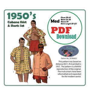 May include: A vintage 1950s sewing pattern for a cabana shirt and shorts set. The pattern includes instructions for a men's shirt and shorts. The pattern is a faithful reproduction of the original, with reformatted and expanded instructions for the modern sewist. The pattern is for a medium size, with a chest measurement of 38-40 inches, a waist measurement of 34-36 inches, a sleeve length of 33 inches, and a shirt length of 29 1/2 inches.