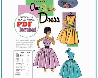 PDF Download 1960 One-Shoulder Dress Sewing Pattern US Sz 7-8 B36 W30 H39