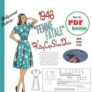 May include: A vintage 1946 "Femme Fatale" Fluttering Cape Sleeve Dress sewing pattern in size XL. The pattern is for a dress with a back zipper, side zipper, or side-snap placket. The dress has a six-gored skirt, high collarless neckline, novelty belt with buckle, flared cape sleeves, and optional inseam pockets. The pattern includes 12 pieces and requires 47 inches of fabric.