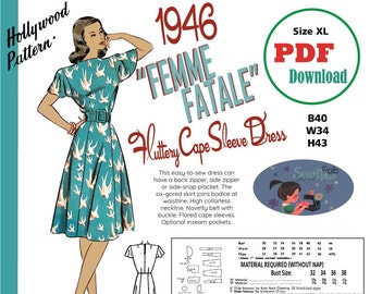 PDF Download B40 1946 Flutter Cape Sleeve Dress Beginner Sewing Pattern US Sz XL B40 W34 H43