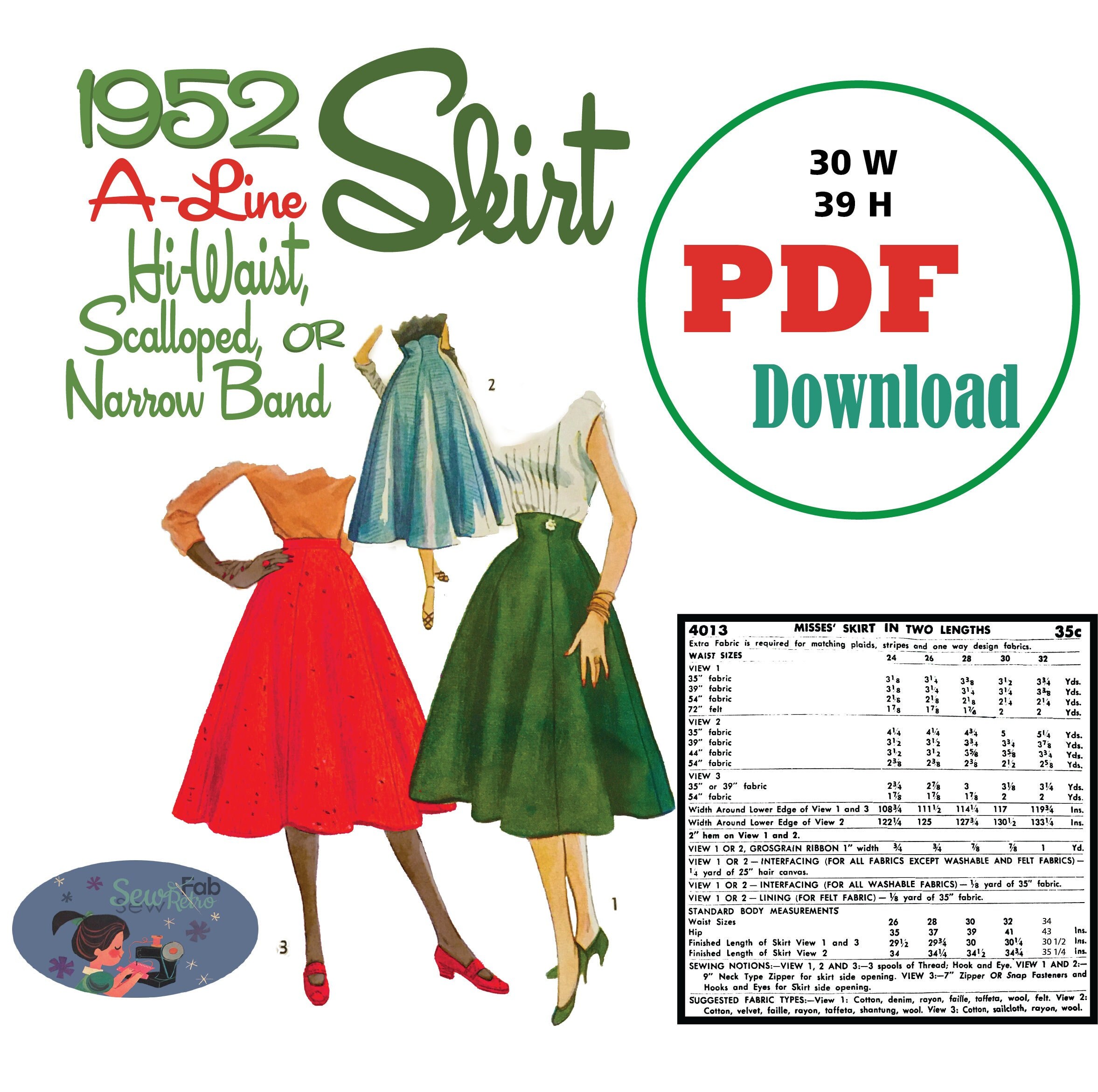Sz M PDF Download Hi-waist Skirt 1950's Sewing Pattern W30