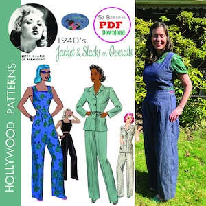 May include: A vintage sewing pattern for a 1940s jacket and slacks or overalls. The pattern includes illustrations of women wearing the garments. The text on the pattern reads "Hollywood Patterns, Betty Grable of Paramount, 1940's Jacket & Slacks or Overalls, Sz B36 B38 B40, PDF Download".