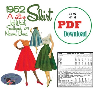 PDF Download Hi-Waist Skirt 1950's Sewing Pattern W32 H41 image 1