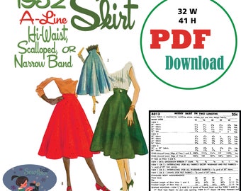 SzL PDF Download Hi-Waist Skirt 1950&#39;s Sewing Pattern W32 H41