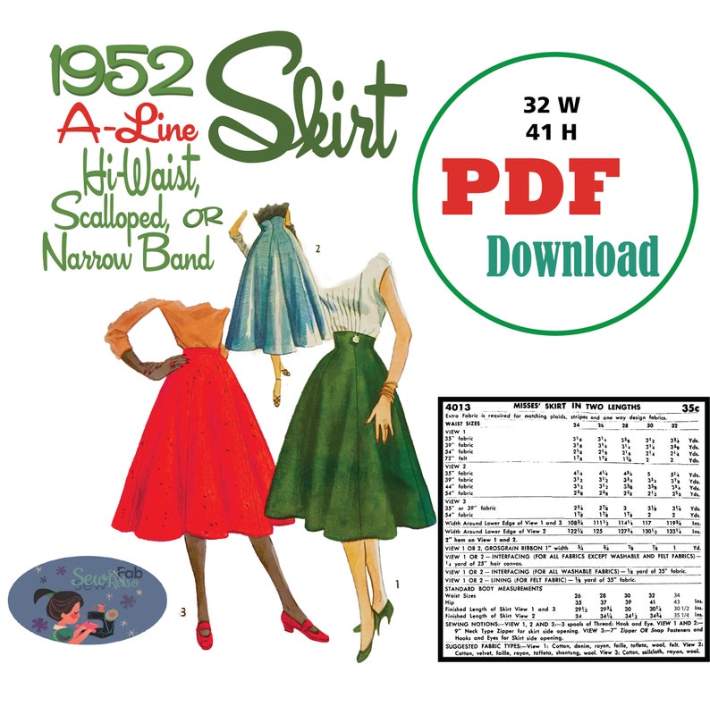 PDF Download Hi-Waist Skirt 1950's Sewing Pattern W32 H41 image 1