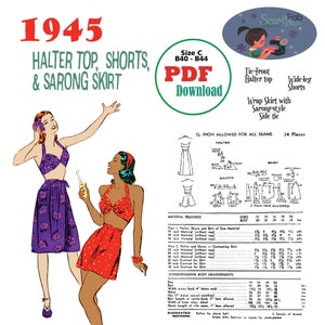 May include: Vintage 1945 sewing pattern featuring a halter top, shorts, and sarong skirt design. The illustration shows two women in the outfits. The pattern includes size B40-B44 and is available as a PDF download.