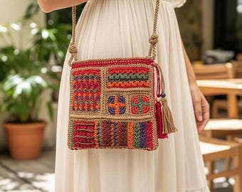 Colorful Crochet Shoulder Bag, Handmade Paper Yarn Boho Crossbody Bag