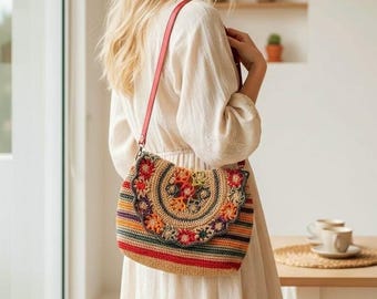 Puede incluir: Un bolso bandolera con una solapa de ganchillo que presenta un colorido motivo floral en tonos rojo, naranja, amarillo y morado. El cuerpo principal del bolso muestra rayas horizontales de varios colores, complementado por una fina correa roja.