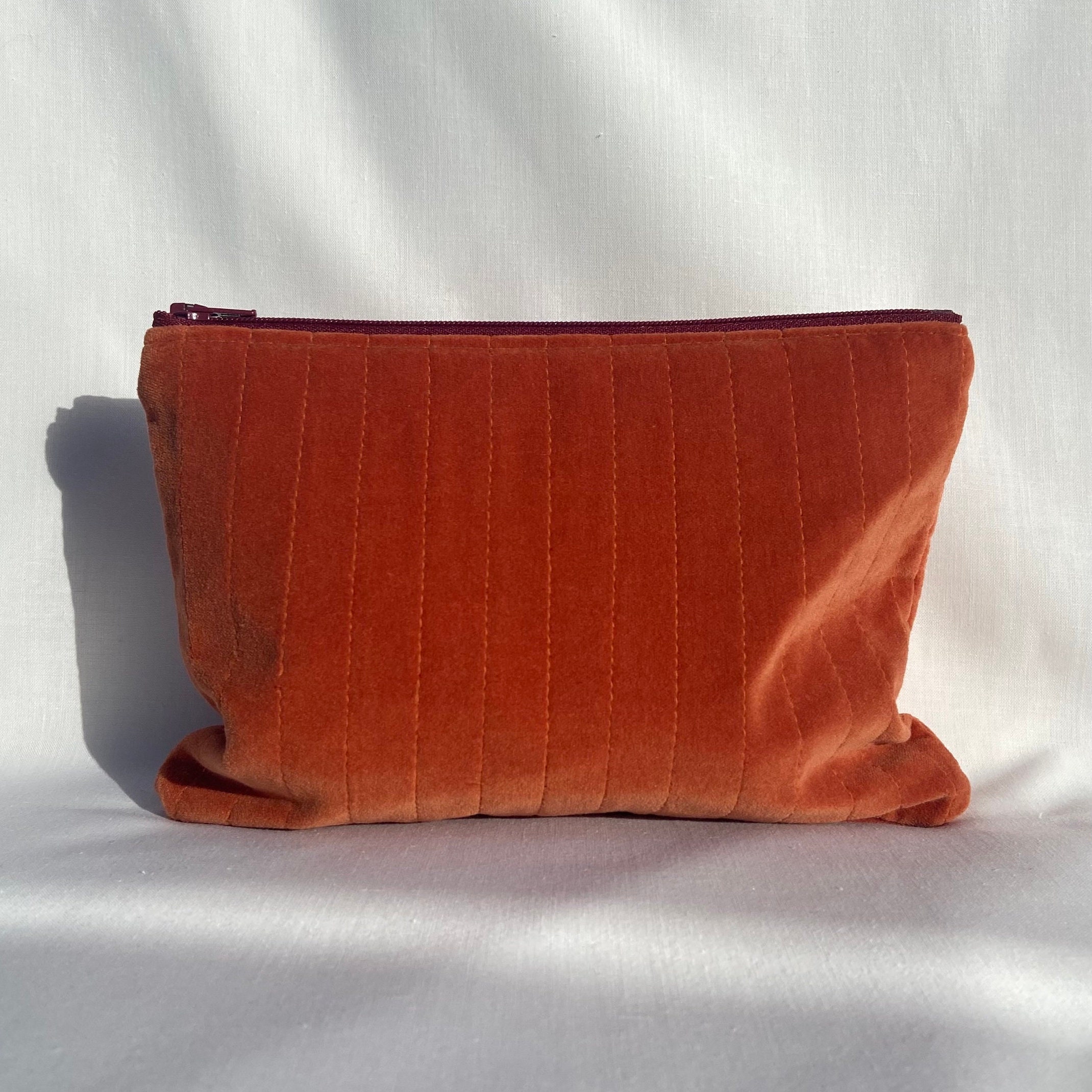 Orange Velvet Quilted Makeup Pouch / Handmade Makeup Bag/ 