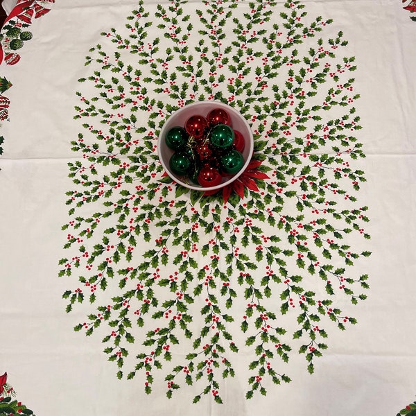 Vintage printed Christmas Tablecloth poinsettias, holly, bows, shiny brites, and wreaths,49X62