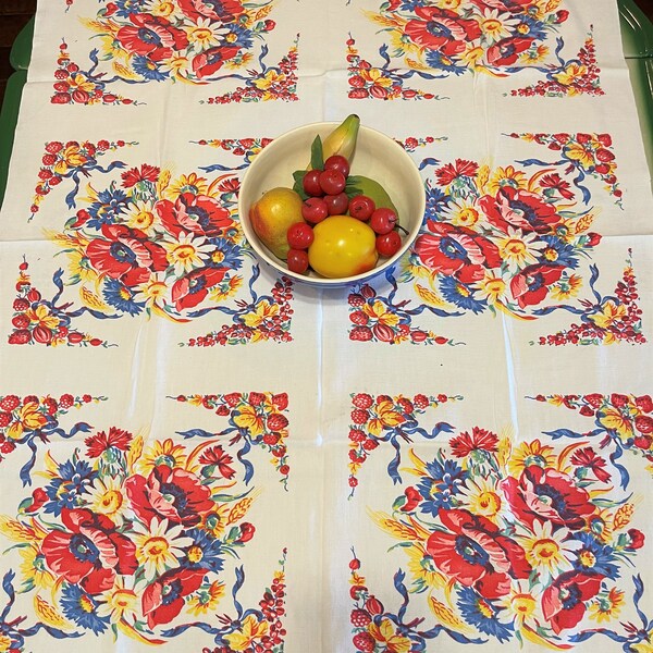 Vintage tablecloth flowers and berries bows pink, blue, yellow raspberries strawberries  poppies daisies 34X22
