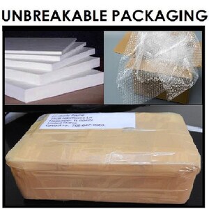 May include: Unbreakable packaging with layers of white foam padding and a brown cardboard box wrapped in clear bubble wrap. The box has a label with the text "Ashley Paine, 202 Hawthorne Ln,  Kissimmee, FL 34742, United States, Contact No. 708-647-1960."