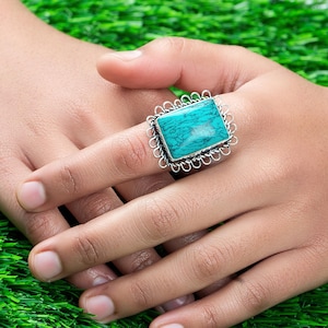 Modern Blue Turquoise Ring Blue Turquoise Ring Handmade Bezel Rings Women Gift  Rectangle Turquoise Ring Statement Rings Latest Designer