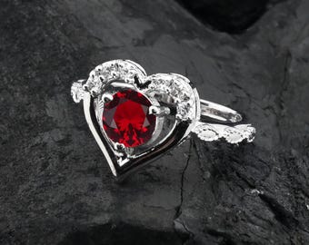 Red Garnet Ring, Heart Shape Silver Ring, 925 Sterling Silver Ring, Handmade Silver Ring, Garnet Quartz Ring For Women