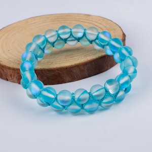 Blue Aurora Beaded Bracelet 8 mm Rainbow Crystal Matte Quartz Double Strand Bracelet For Women & Man Handmade Beads Gemstone Jewelry Gift