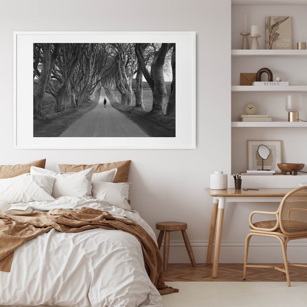 Ireland The Dark Hedges Printable Wall Art Download, minimalist home decor, black and white photography, print to canvas, trees, road 24x36