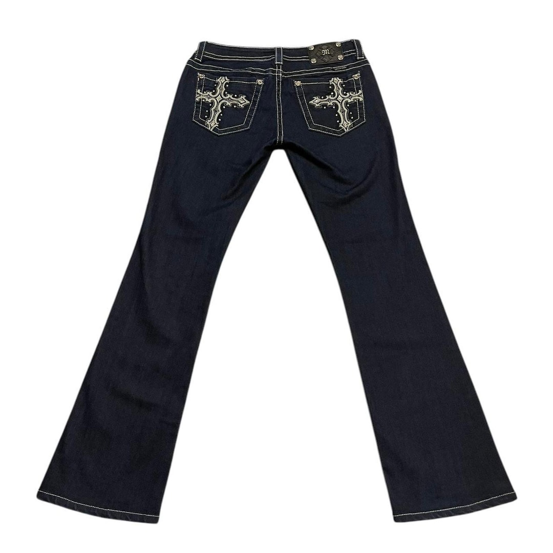 Vintage Y2K Rave Skater Punk Miss Me Bootcut Jeans Studded Crosses