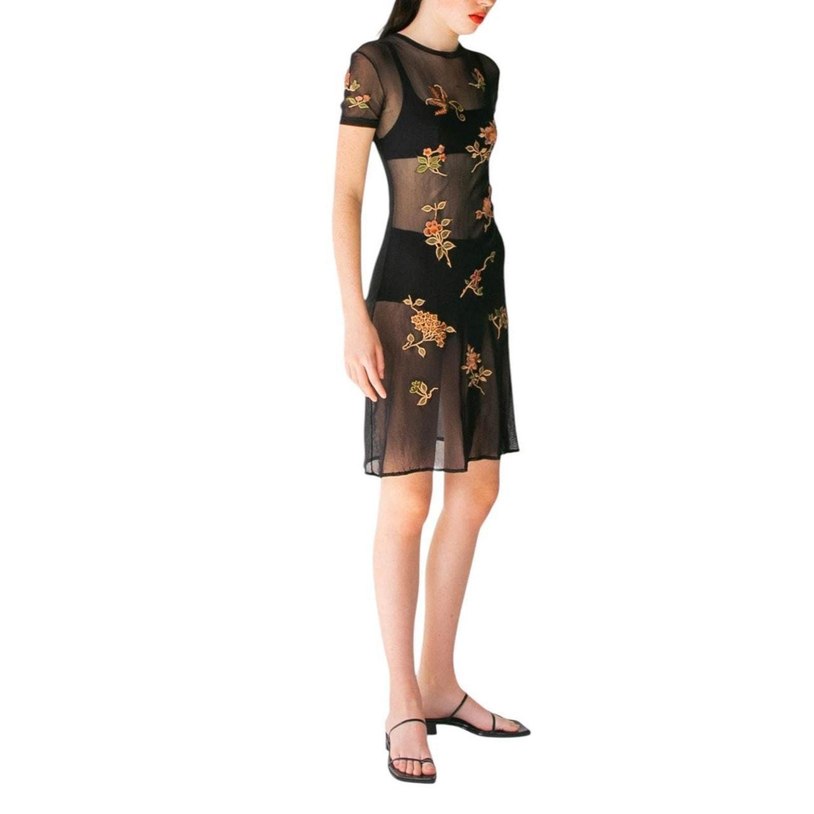 RARE VTG 90s Y2K Vivienne Tam Sheer Black Micro Mesh Floraldress