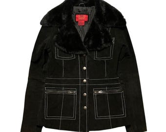 VTG 90s Y2K Paris Blues Black faux fur collar 100% genuine suede penny lane coat