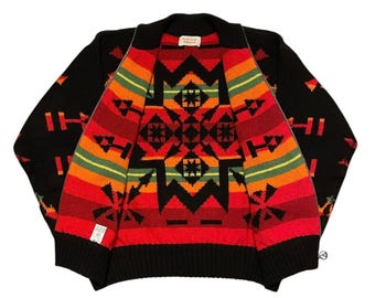 VTG 90s Benetton Aztec print reversible zip up virgin wool sweater Size M