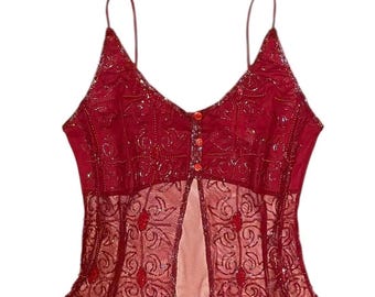 Deadstock Vintage Y2K 90s fairy sheer red mesh tank top Size M