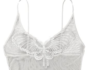 VTG Y2K rave fairy Rampage sheer white mesh mini dress with butterfly appliqué