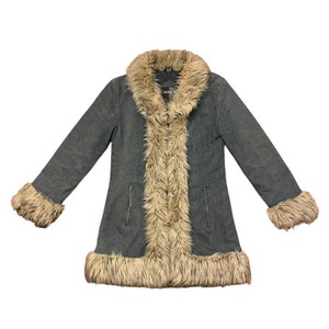 Vintage Y2K 2000s denim afghan penny lane coat with faux fur Size M