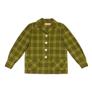 May include: A green and brown plaid jacket with a button-up front and two patch pockets. The jacket has a collared neckline.