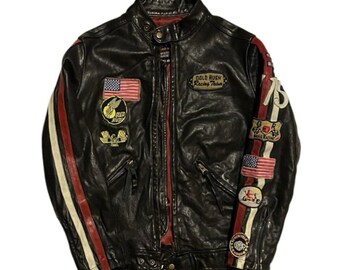 Vintage 90s Y2K Gold Rush Racing Team Leather Jacket with red/white stripes