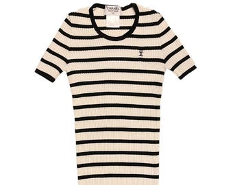 Vintage 1998 CHANEL Striped ribbed-knit short sleeve top Size 40