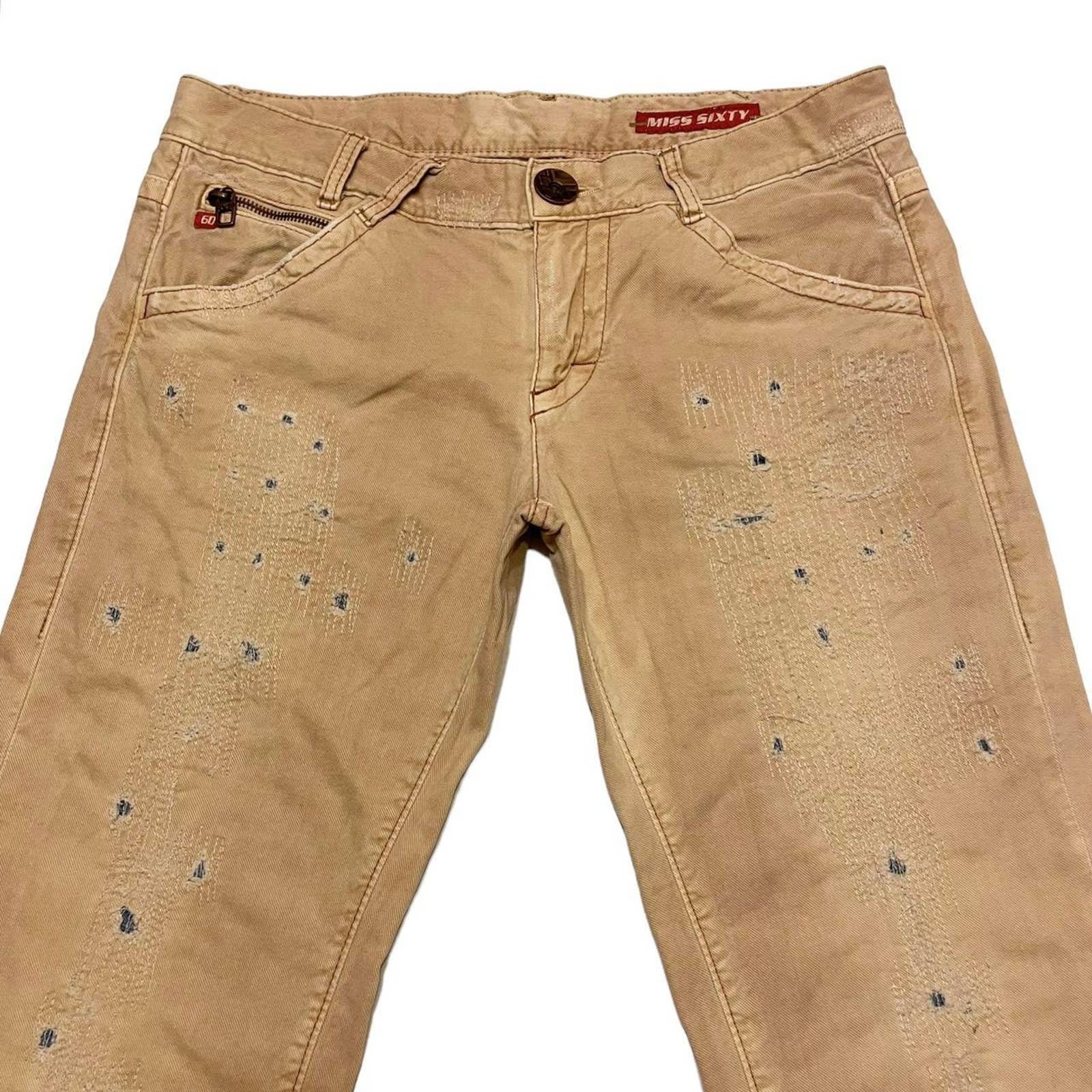 Miss Sixty Big Ty Distressed Y2K Grunge Streetwear Faded Tan Jeans