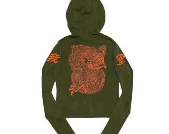Vintage Y2K Miss Me dragon knit green long sleeve full zip hooded top Size S