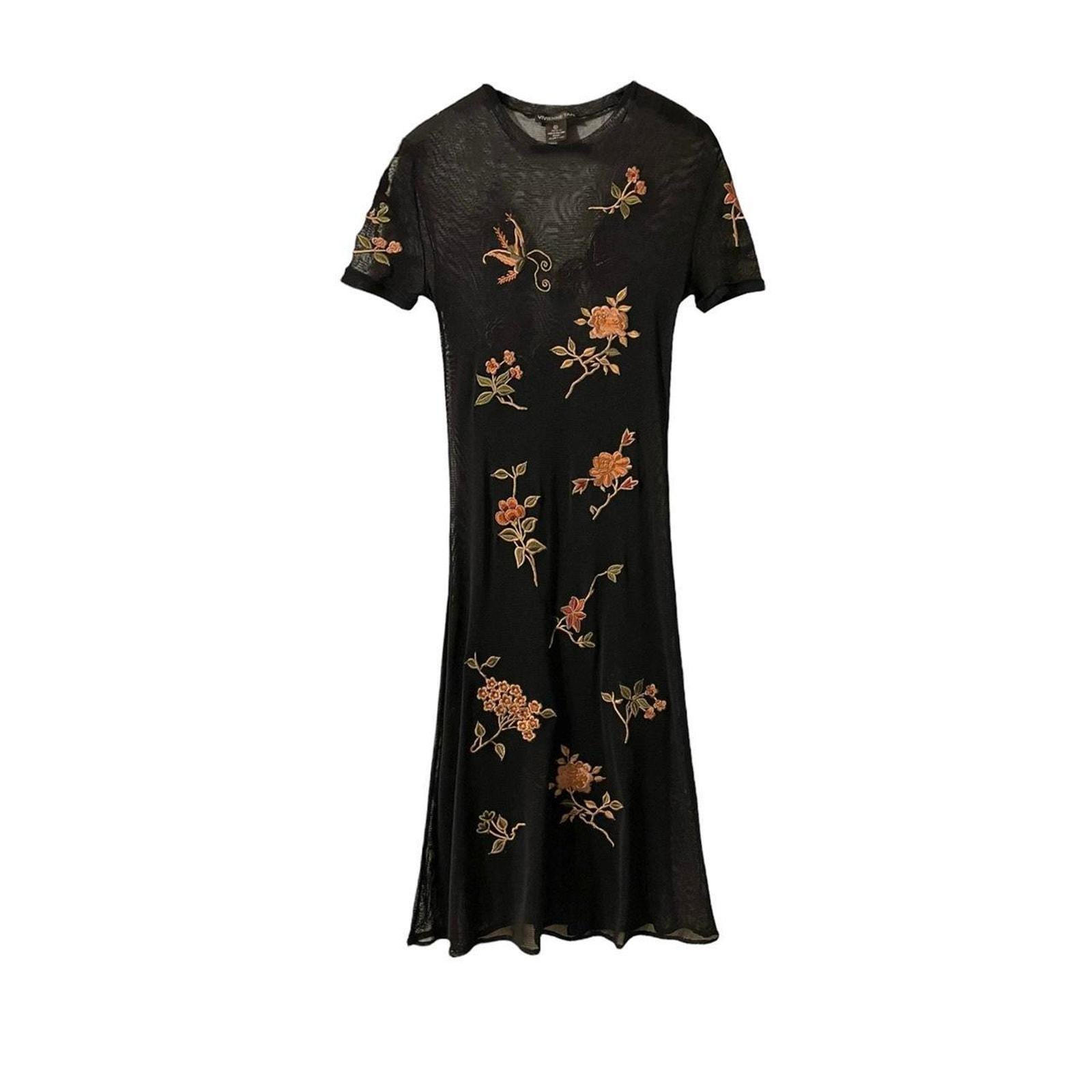 RARE VTG 90s Y2K Vivienne Tam Sheer Black Micro Mesh Floraldress
