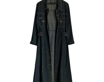 Vintage Y2K 90s Rampage dark wash denim trench coat with button-up front and pockets